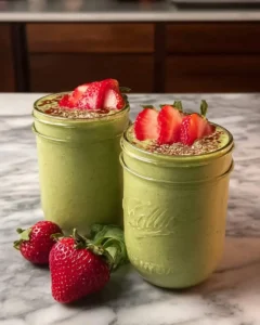Two jars of creamy avocado strawberry smoothie topped with fresh strawberry slices and seeds on a marble counter.