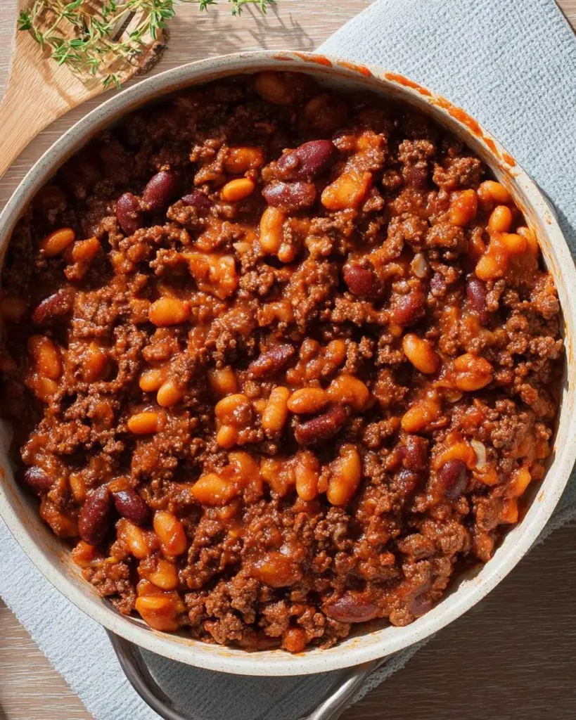 A pot of hearty baked beans recipe with ground beef, kidney beans, and pinto beans in a rich, thick sauce.