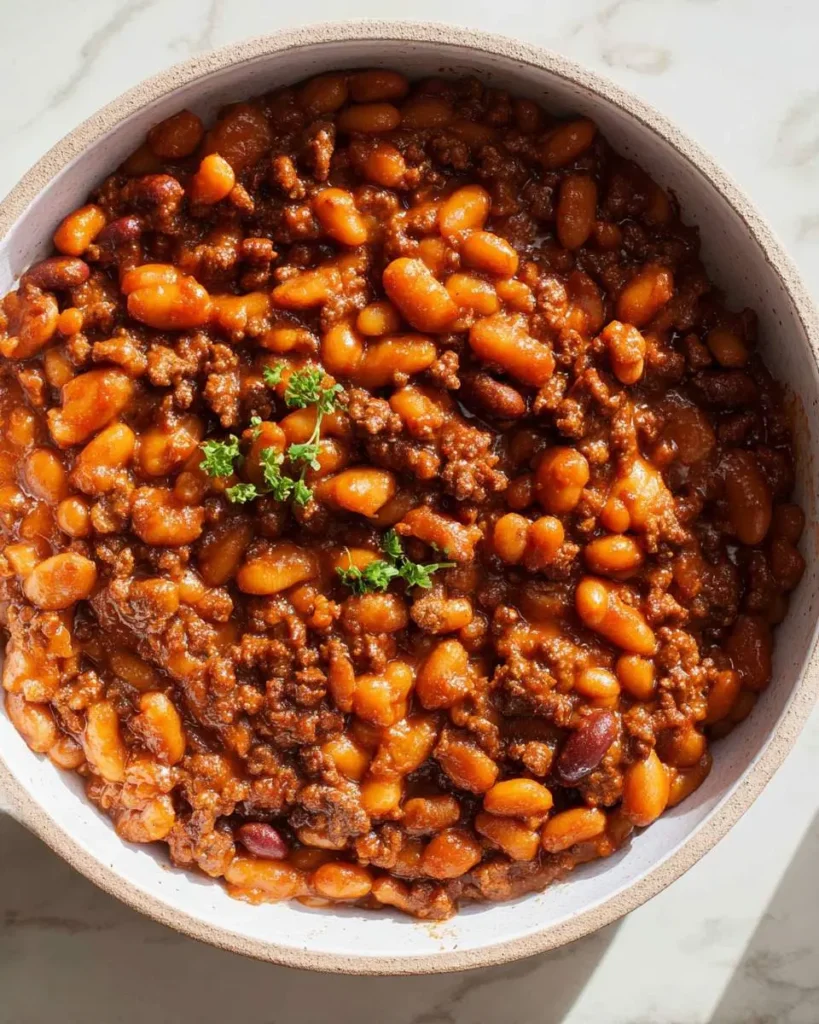A bowl of hearty baked beans recipe with ground beef, garnished with fresh parsley on a marble surface.