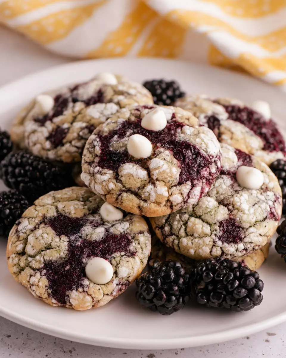 A plate of Blackberry Crinkle Cookies with white chocolate chips, surrounded by fresh blackberries and a yellow striped towel in the background.