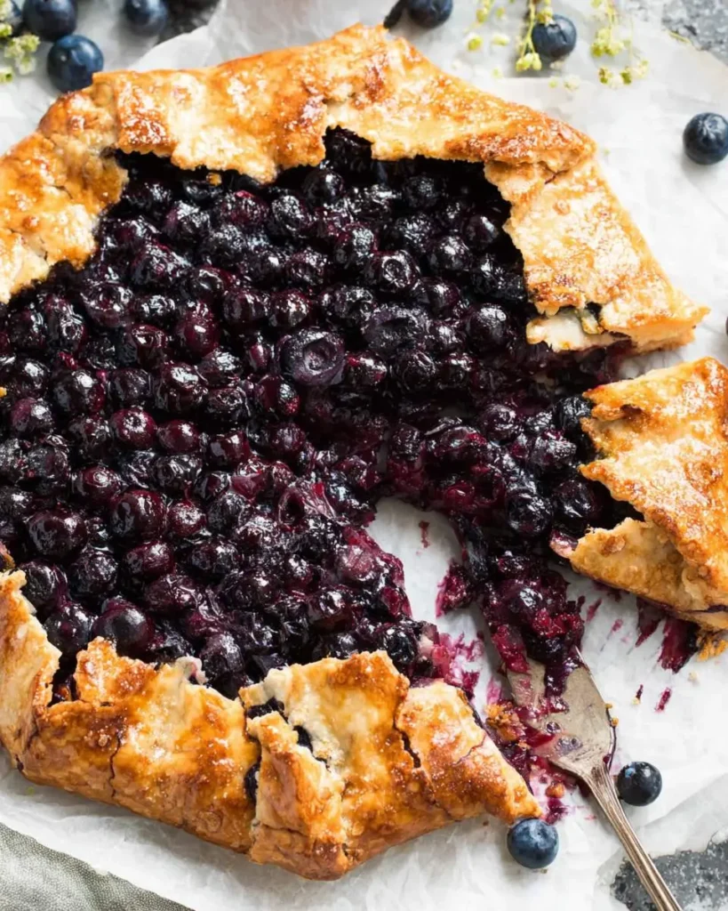 A rustic homemade blueberry galette with a golden flaky crust, sliced and served on parchment paper with fresh blueberries scattered around.