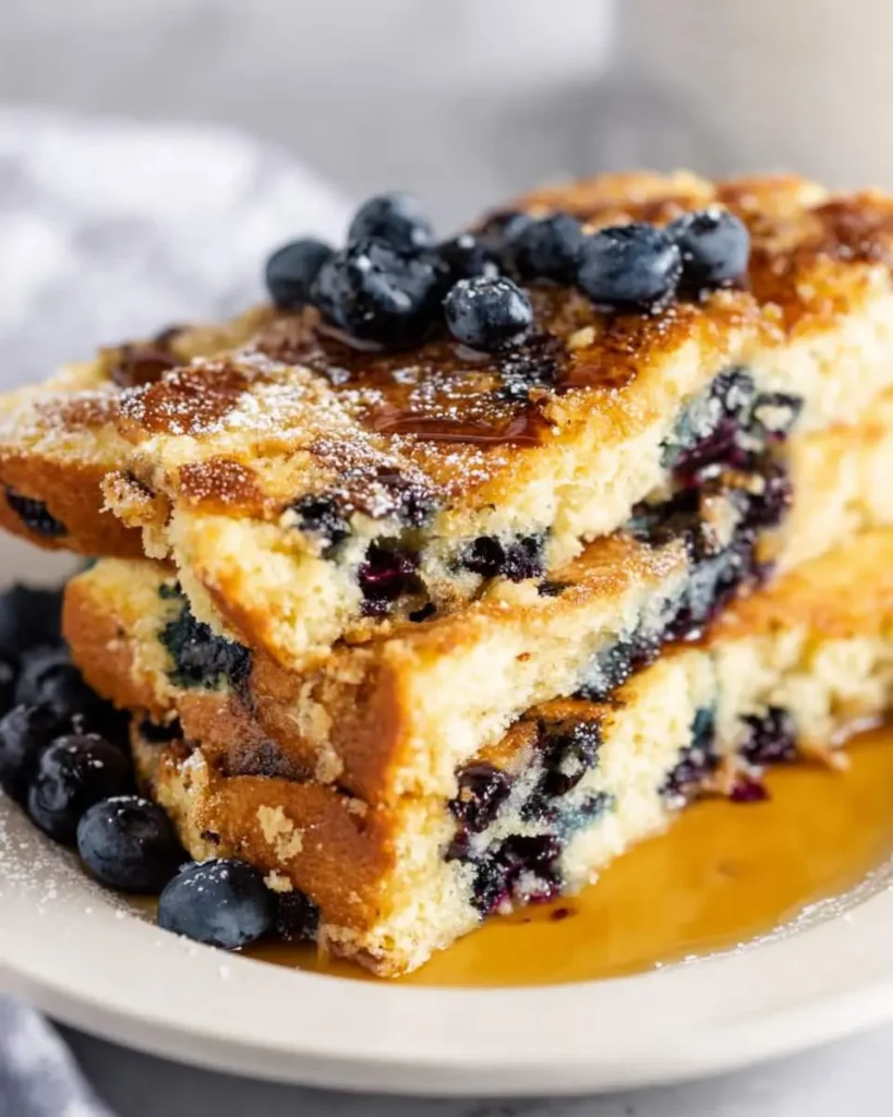 Stack of Blueberry Pancake Bread drizzled with maple syrup and topped with fresh blueberries on a white plate.