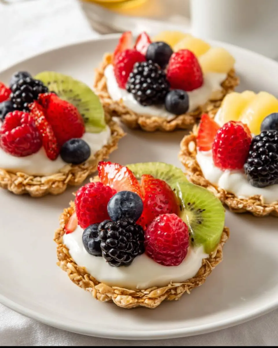 Colorful breakfast fruit tarts with granola crusts, creamy yogurt filling, and fresh berries and kiwi on a white plate.