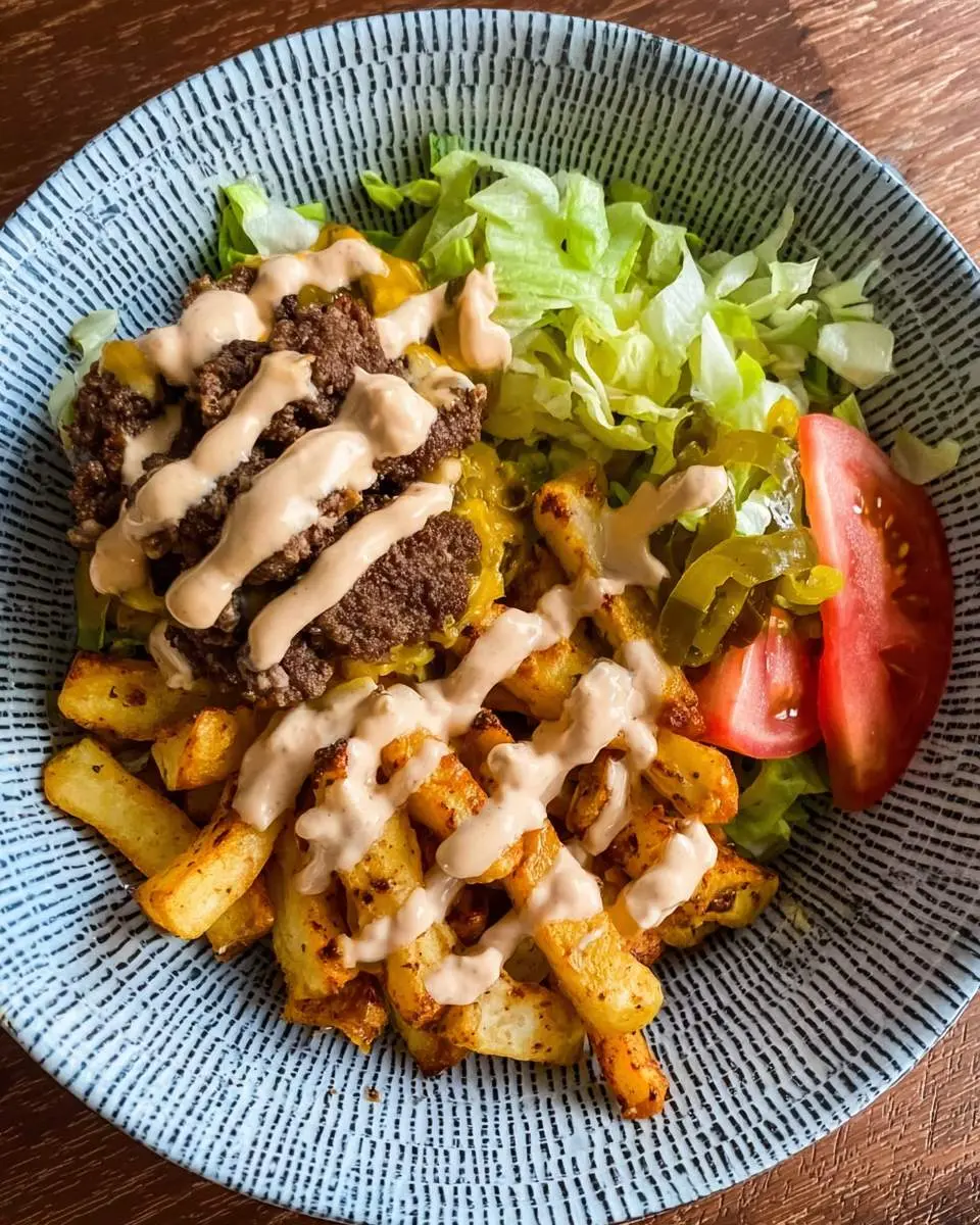 Burger Bowls with House Sauce and Ranch Fries 4 Burger Bowls with House Sauce and Ranch Fries served in a blue patterned bowl with lettuce and tomato.