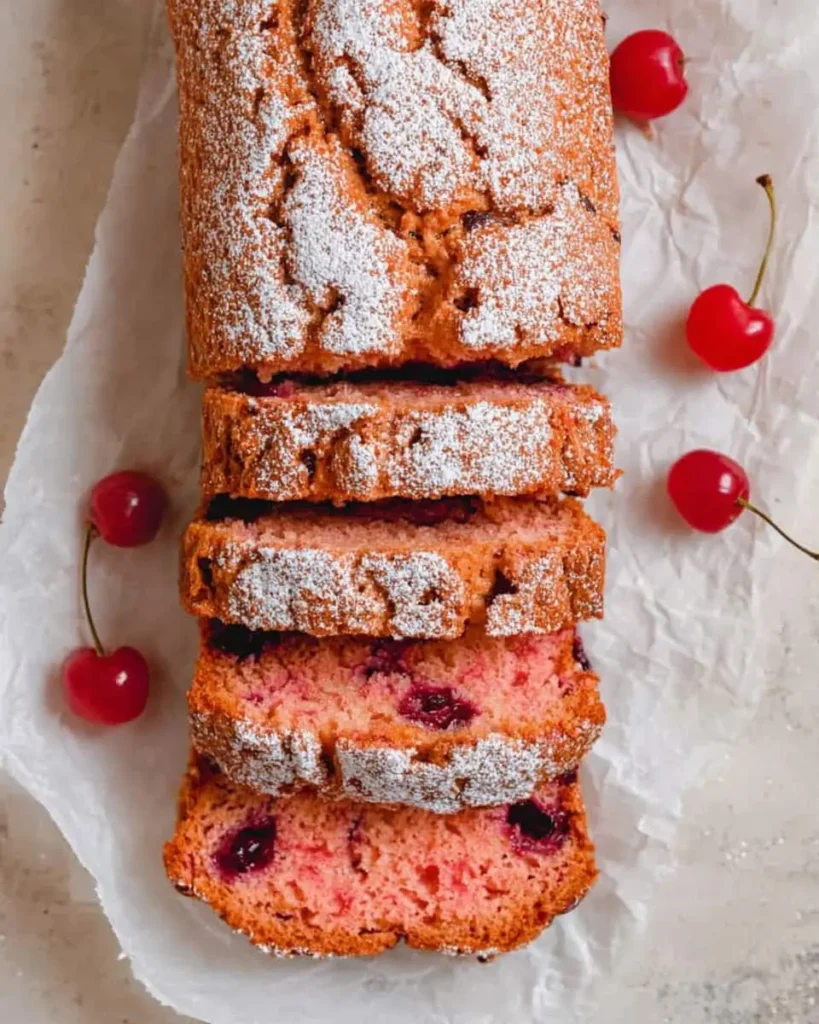 Sliced Cherry Almond Bread dusted with powdered sugar, surrounded by fresh cherries on parchment paper.