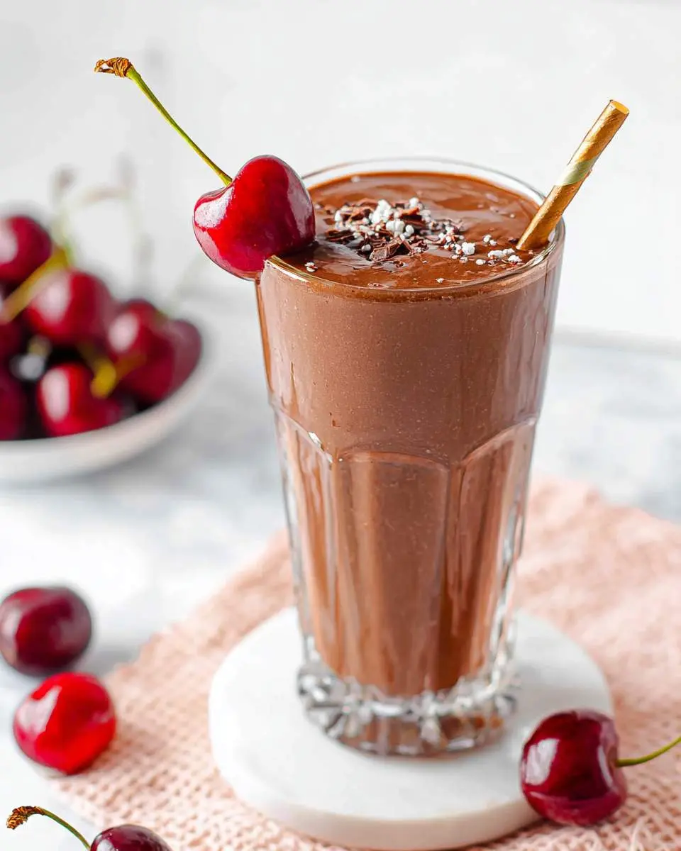frozen cherries and cocoa powder ready for blending into a cherry chocolate smoothie