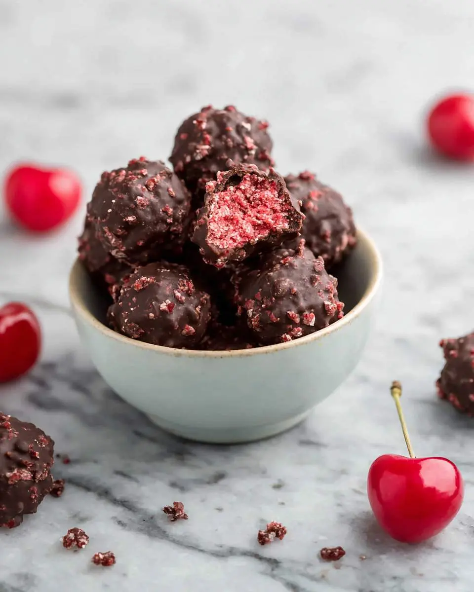 Cherry Mash Truffles coated in dark chocolate with pink sprinkles, piled in a bowl with fresh cherries nearby.