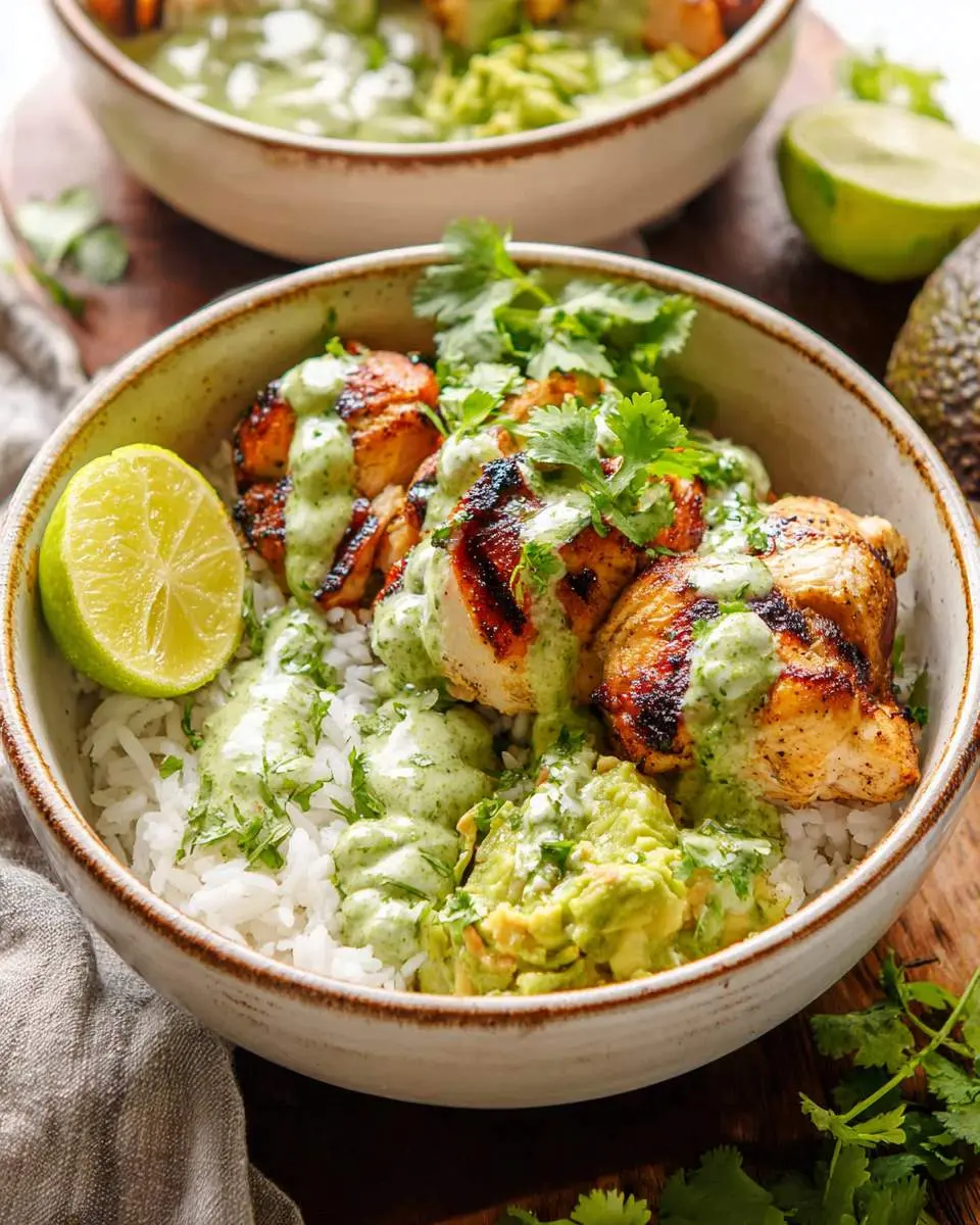 Chili Lime Chicken Bowls with grilled chicken, rice, avocado, and creamy green sauce garnished with cilantro and lime.