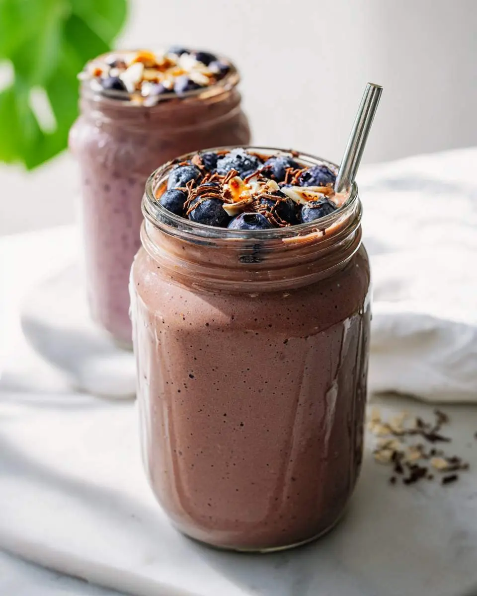Two mason jars filled with chocolate berry smoothie topped with blueberries, coconut flakes, and chocolate shavings.