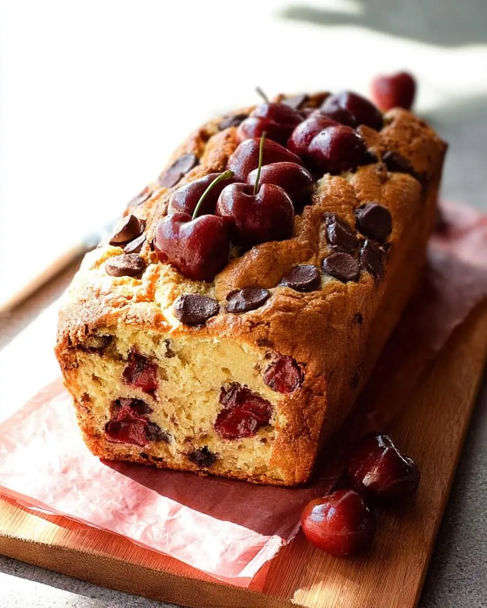 A sliced loaf of Chocolate Chip Cherry Bread topped with fresh cherries and chocolate chips on a wooden board.