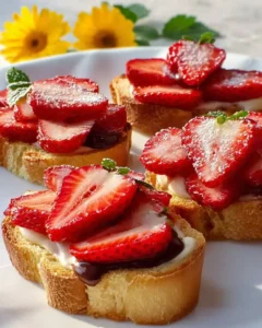 Chocolate Strawberry Bruschetta topped with fresh sliced strawberries, cream, and powdered sugar on toasted bread.