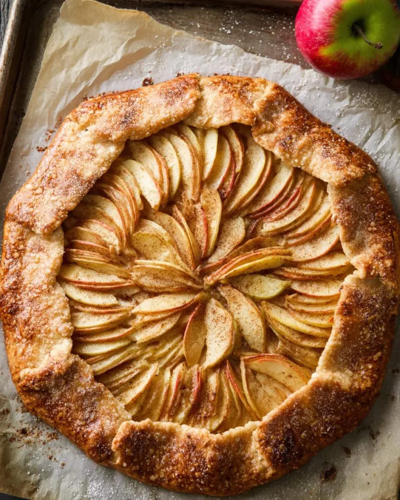 A freshly baked Cinnamon Apple Galette with a golden, flaky crust and spiraled apple slices dusted with cinnamon sugar.