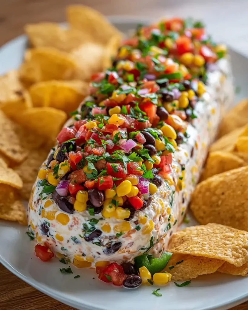 A creamy Cowboy caviar cheese log topped with colorful salsa, served with tortilla chips on a white plate.