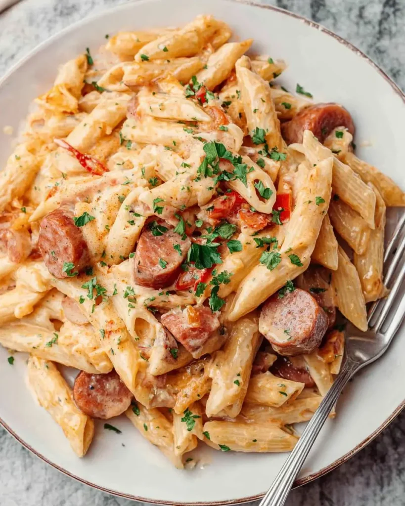Creamy Kielbasa Smoked Sausage Pasta with penne, sliced sausage, and fresh parsley on a white plate.