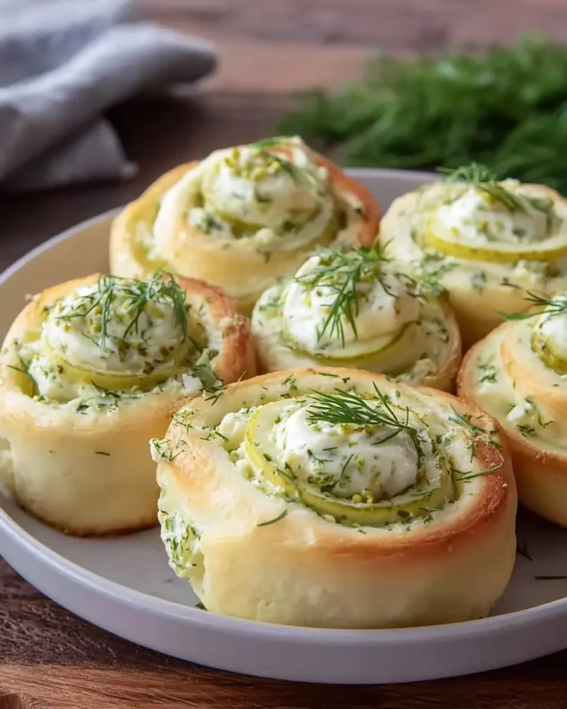 Seven golden Creamy Pickle Rolls arranged on a white plate, topped with fresh dill and creamy filling.