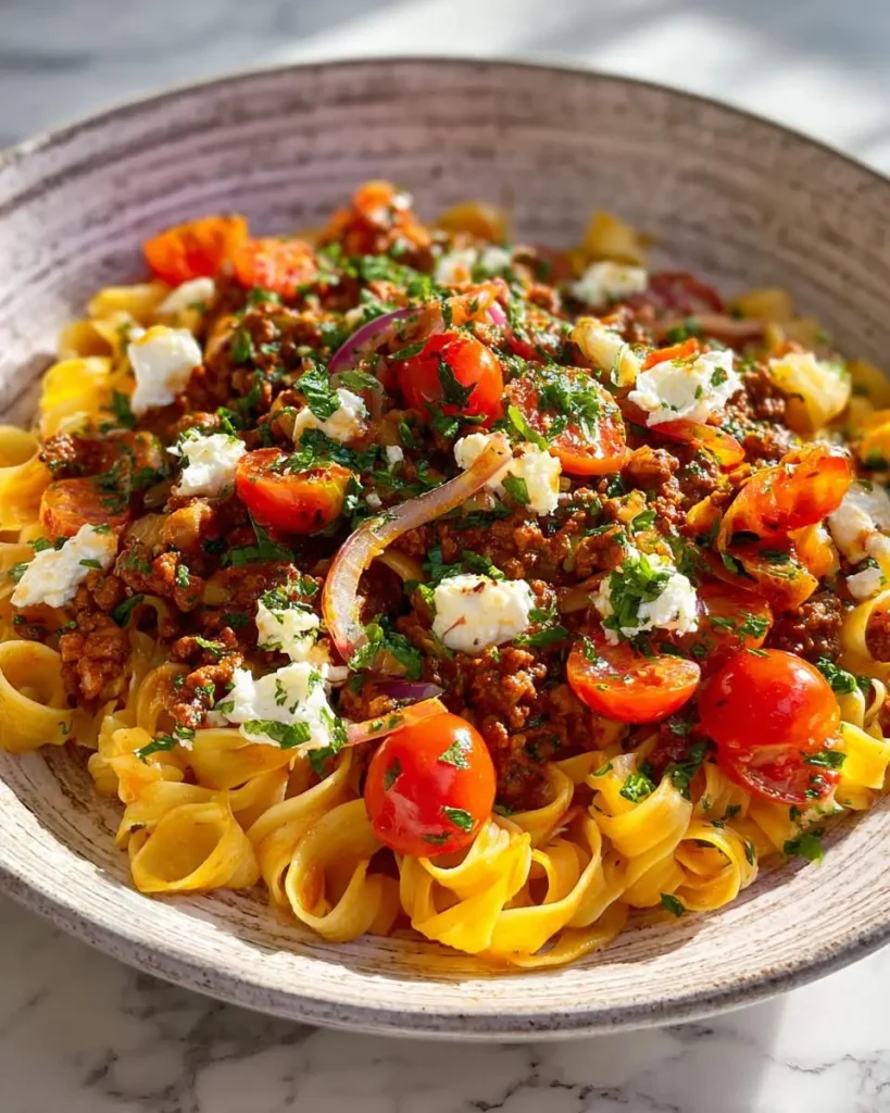 Creamy Turkish Pasta with spiced ground meat, cherry tomatoes, feta cheese, and fresh herbs in a rustic bowl.