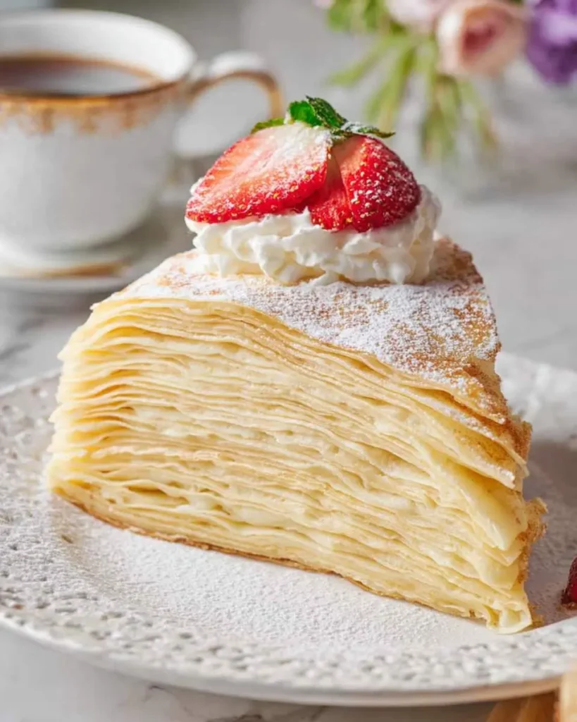 A slice of layered crepe cake topped with whipped cream, fresh strawberries, and powdered sugar on a decorative plate.