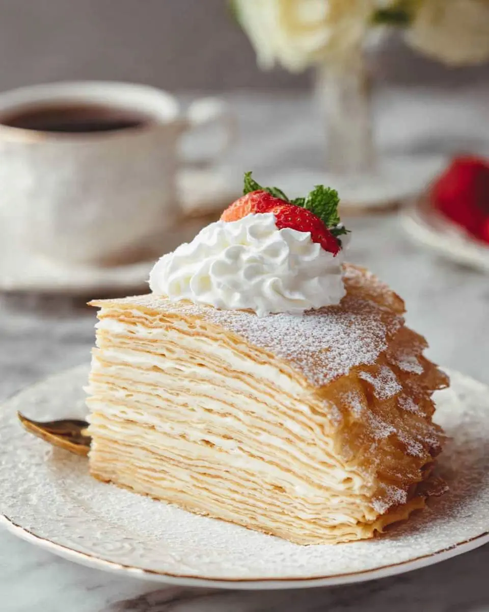 layering cream between thin golden crepes