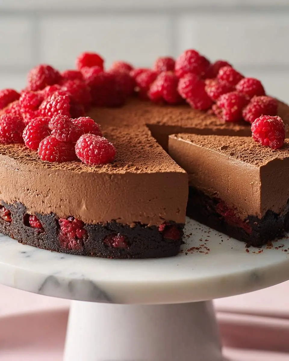 Dark chocolate and raspberry mousse cake 4 Dark chocolate and raspberry mousse cake topped with fresh raspberries and cocoa powder, with one slice removed.