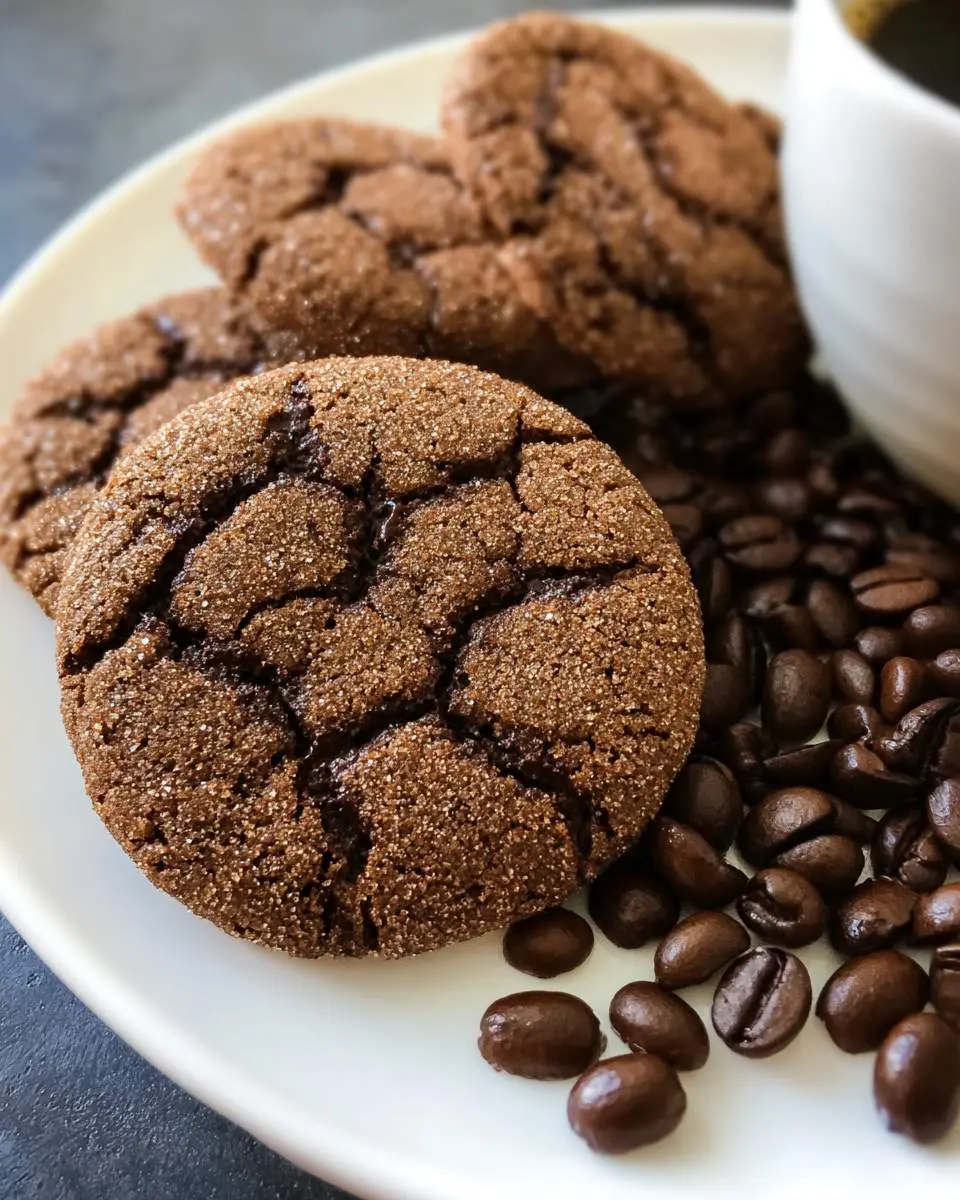 Close-up of espresso chocolate chip cookies with crackled tops, served on a white plate with coffee beans.