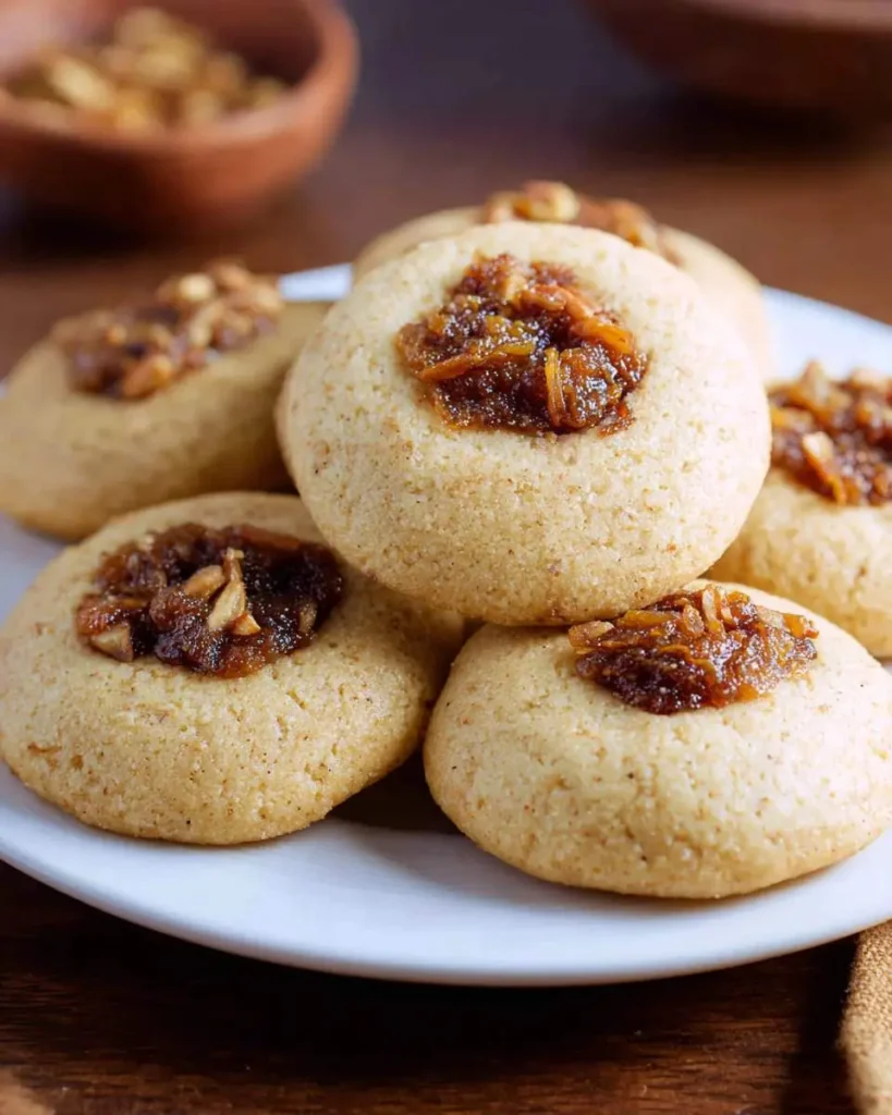 Stack of Fig and Honey Cookies on a white plate, each topped with a sweet fig and nut center.