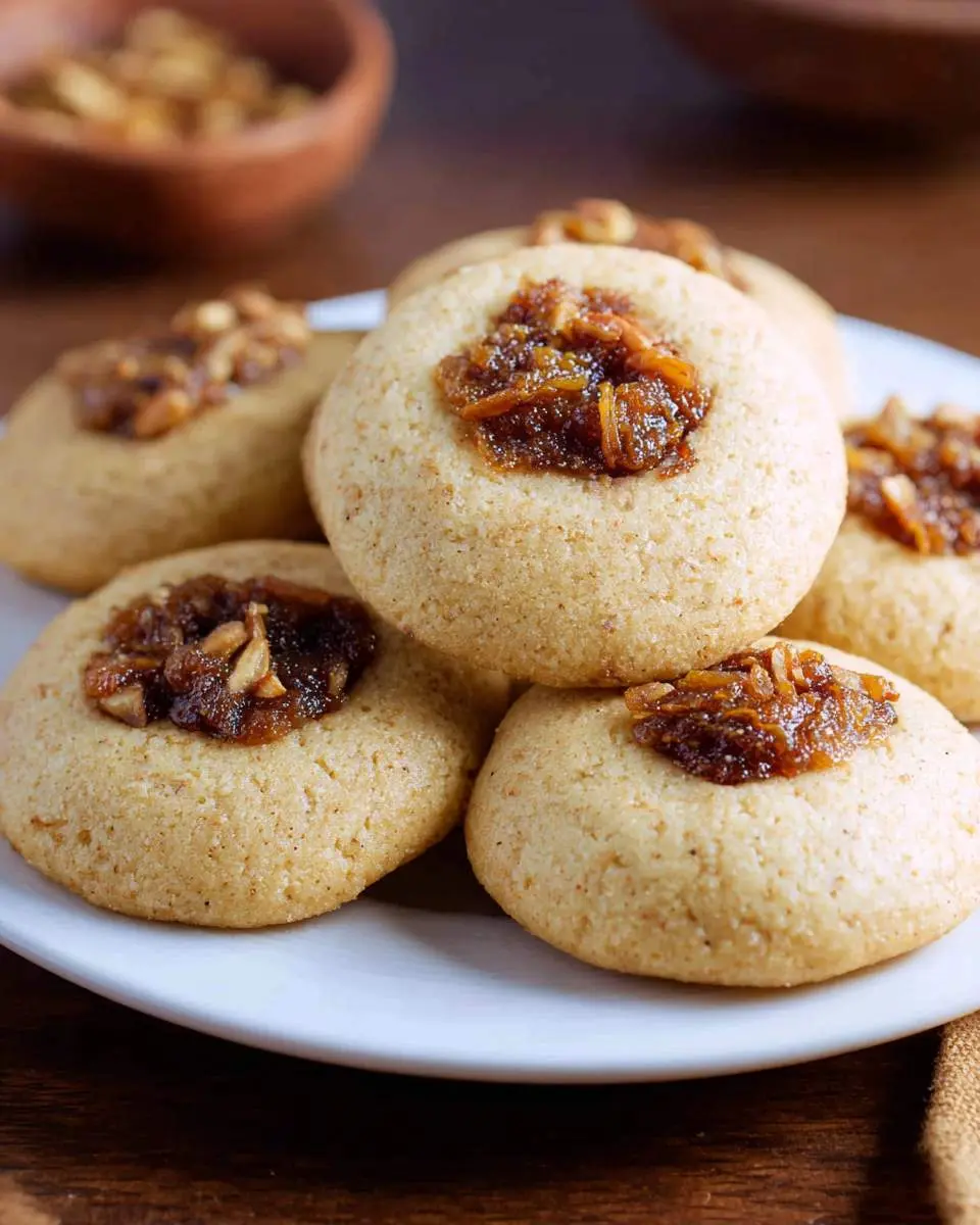 Stack of Fig and Honey Cookies on a white plate, each topped with a sweet fig and nut center.