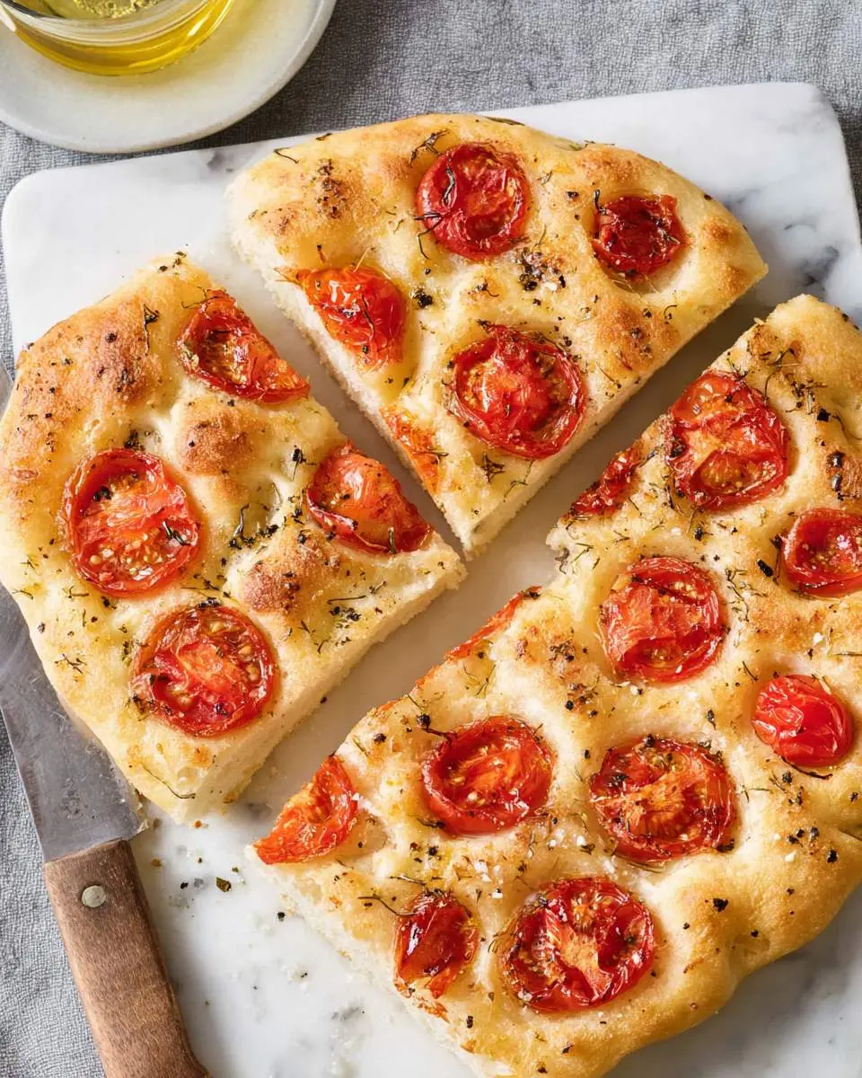 Freshly baked Focaccia with Tomatoes sliced into wedges on a marble board with a knife nearby.