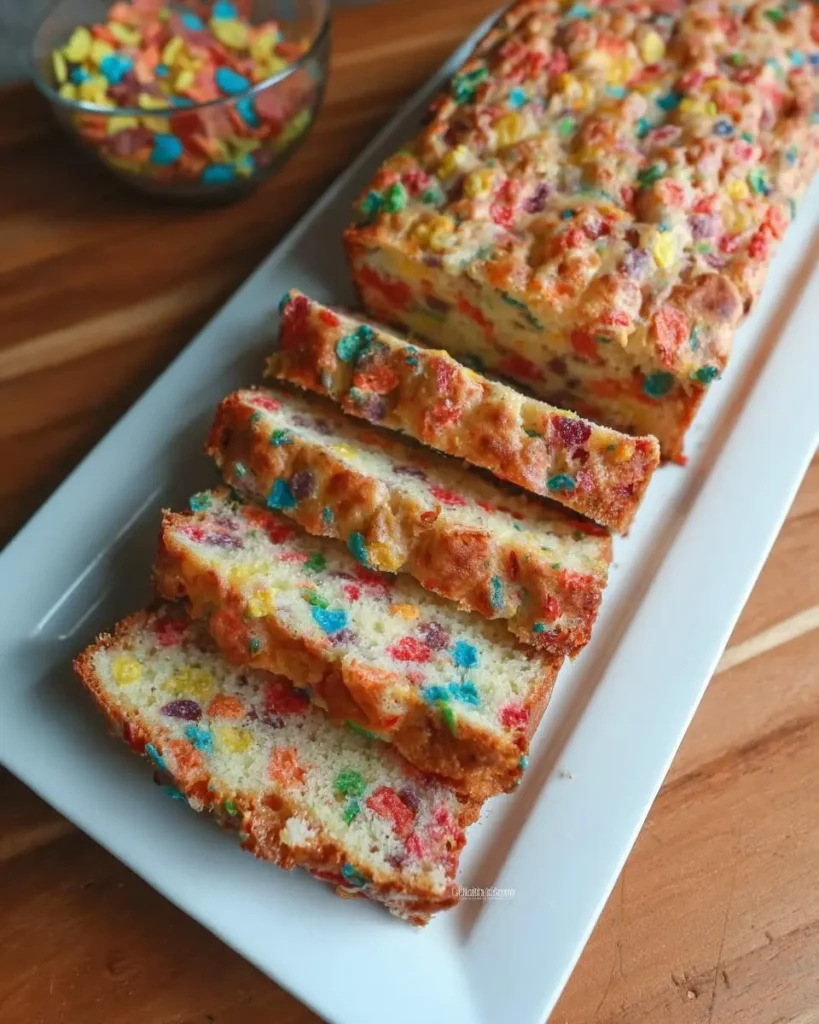 Sliced loaf of Fruity Pebbles bread on a white serving plate with a bowl of cereal in the background.