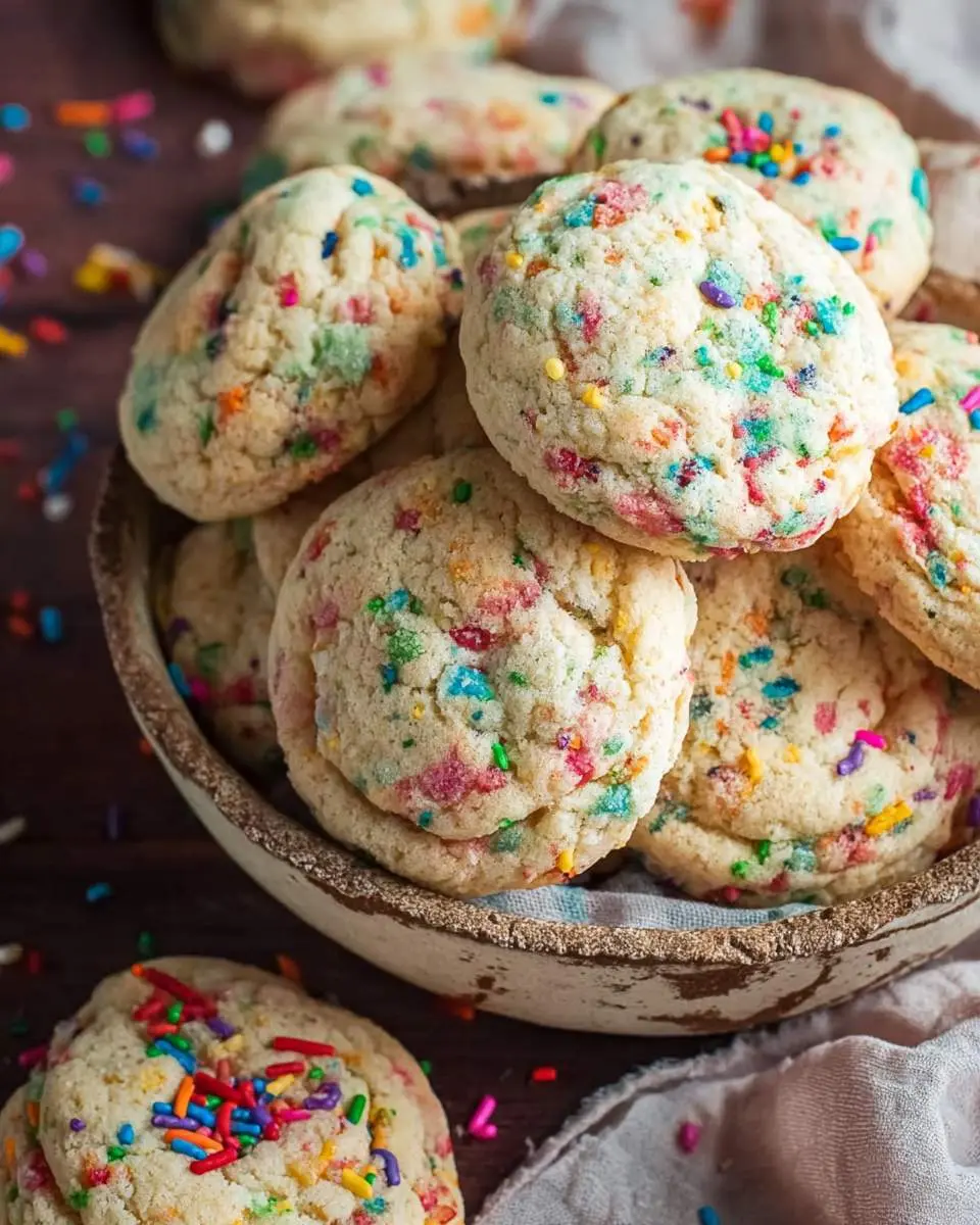 Funfetti cookies 4 A rustic bowl filled with soft, colorful Funfetti cookies topped with rainbow sprinkles on a wooden surface.