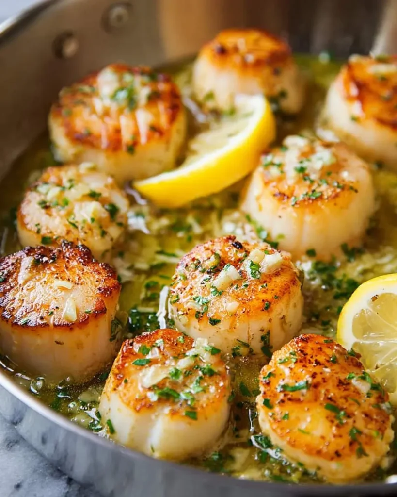 Golden seared Garlic Butter Scallops in a pan with lemon slices and fresh herbs.