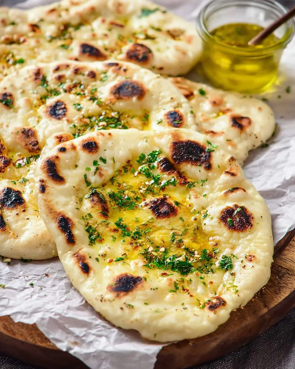 Freshly made Garlic Naan Bread topped with melted butter, chopped cilantro, and charred spots on a wooden board.