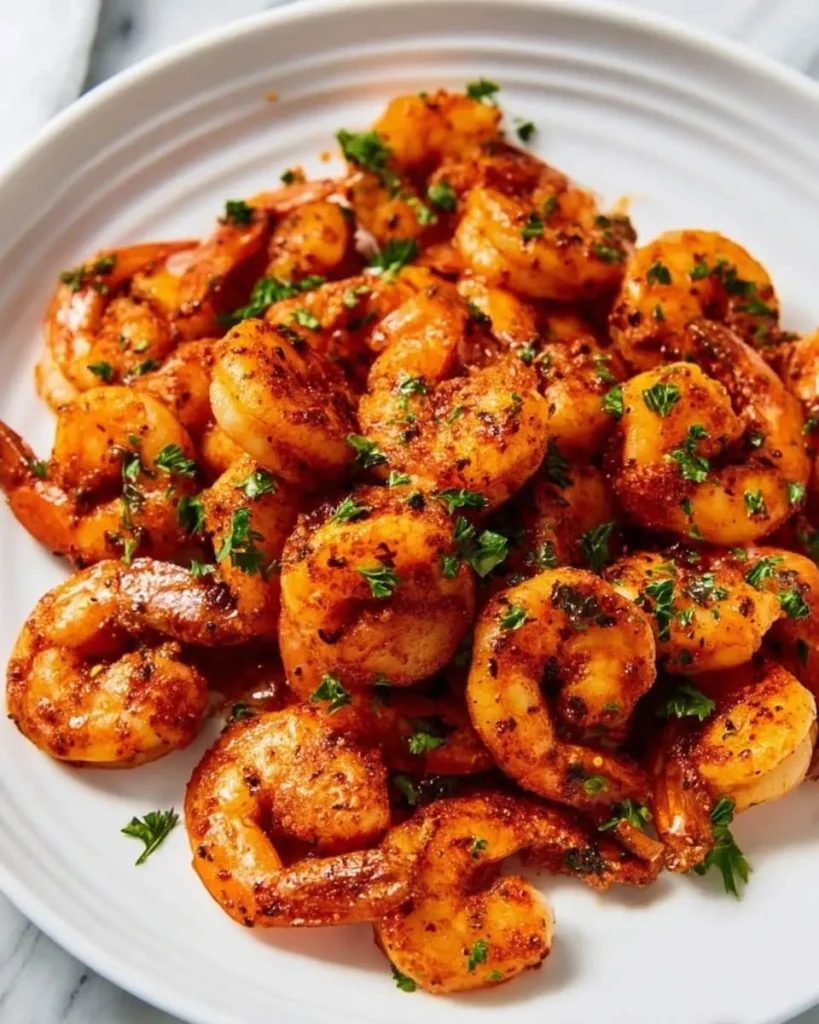 A white plate filled with golden-brown garlic paprika shrimp skillet, garnished with fresh chopped parsley.