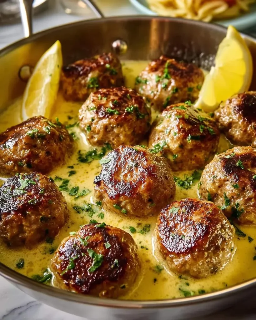 Greek meatballs in lemon sauce served in a skillet with lemon wedges and fresh herbs.