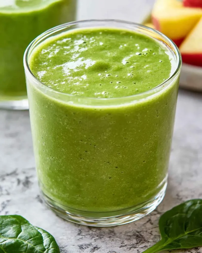 A glass of creamy green spinach smoothie on a marble surface with fresh spinach leaves nearby.