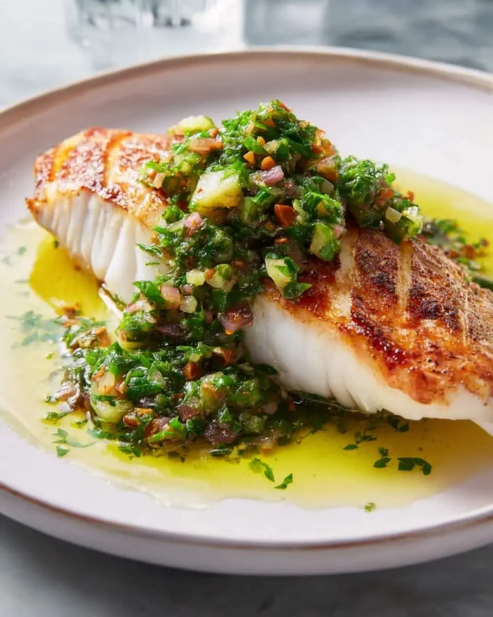 Grilled red snapper with salsa verde ingredients and preparation