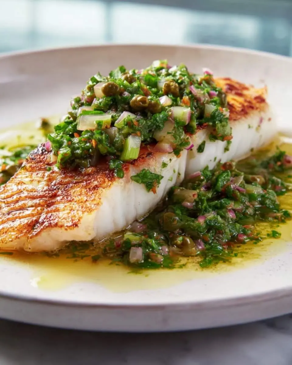 Grilled Red Snapper with Salsa Verde served on a white plate, topped with fresh herb sauce and capers.