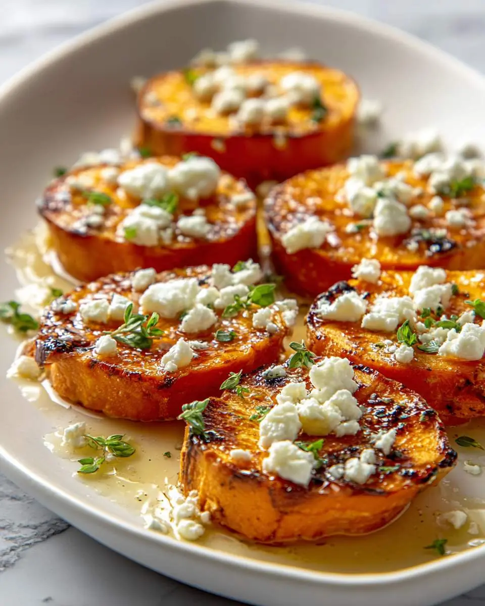 Roasted Honey Feta Sweet Potato Rounds topped with crumbled cheese and fresh herbs on a white plate.