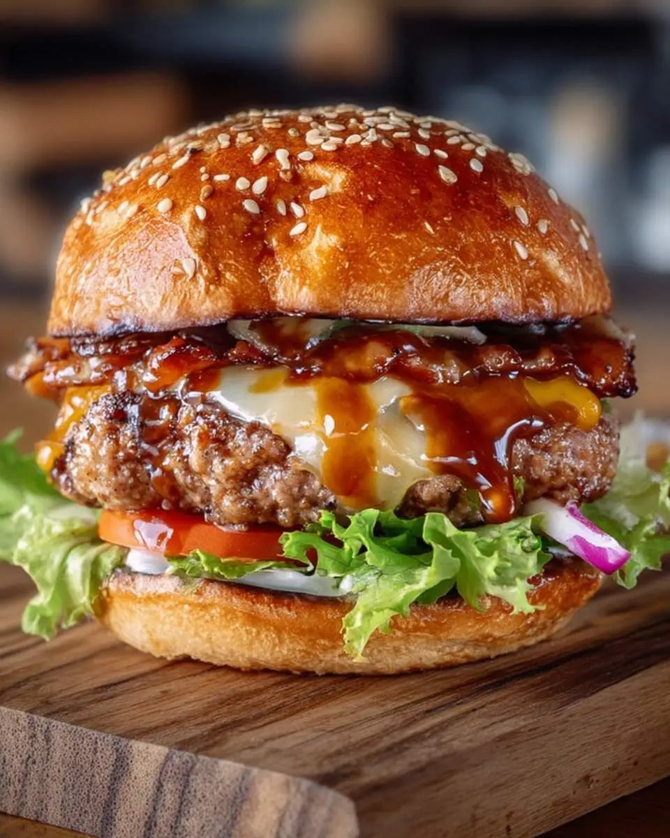 A gourmet Irish Pub Burger with sesame bun, melted cheese, bacon, and tangy sauce on a wooden board.