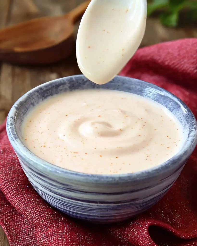 A spoon drizzles creamy Japanese Steakhouse White Sauce into a blue ceramic bowl on a red cloth.