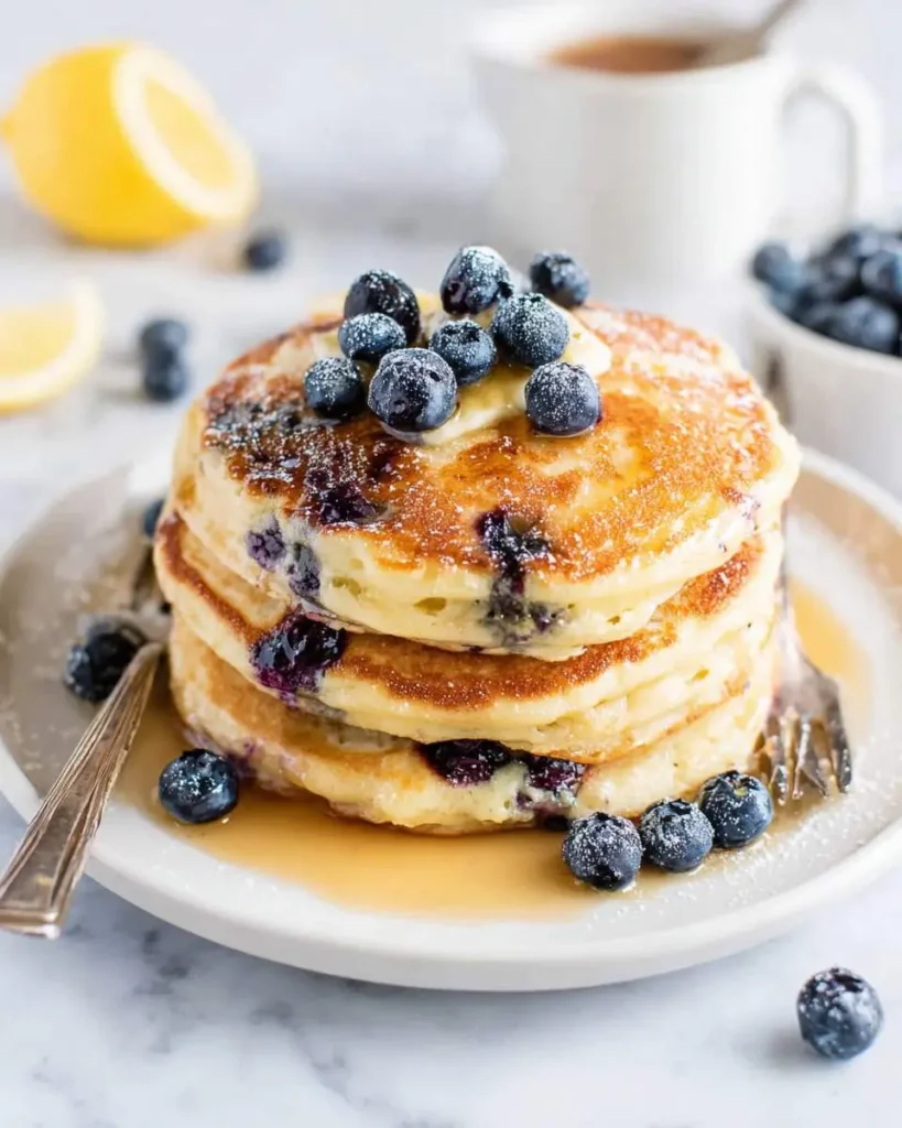 Stack of fluffy Lemon Blueberry Pancakes topped with fresh blueberries, butter, and maple syrup on a white plate.