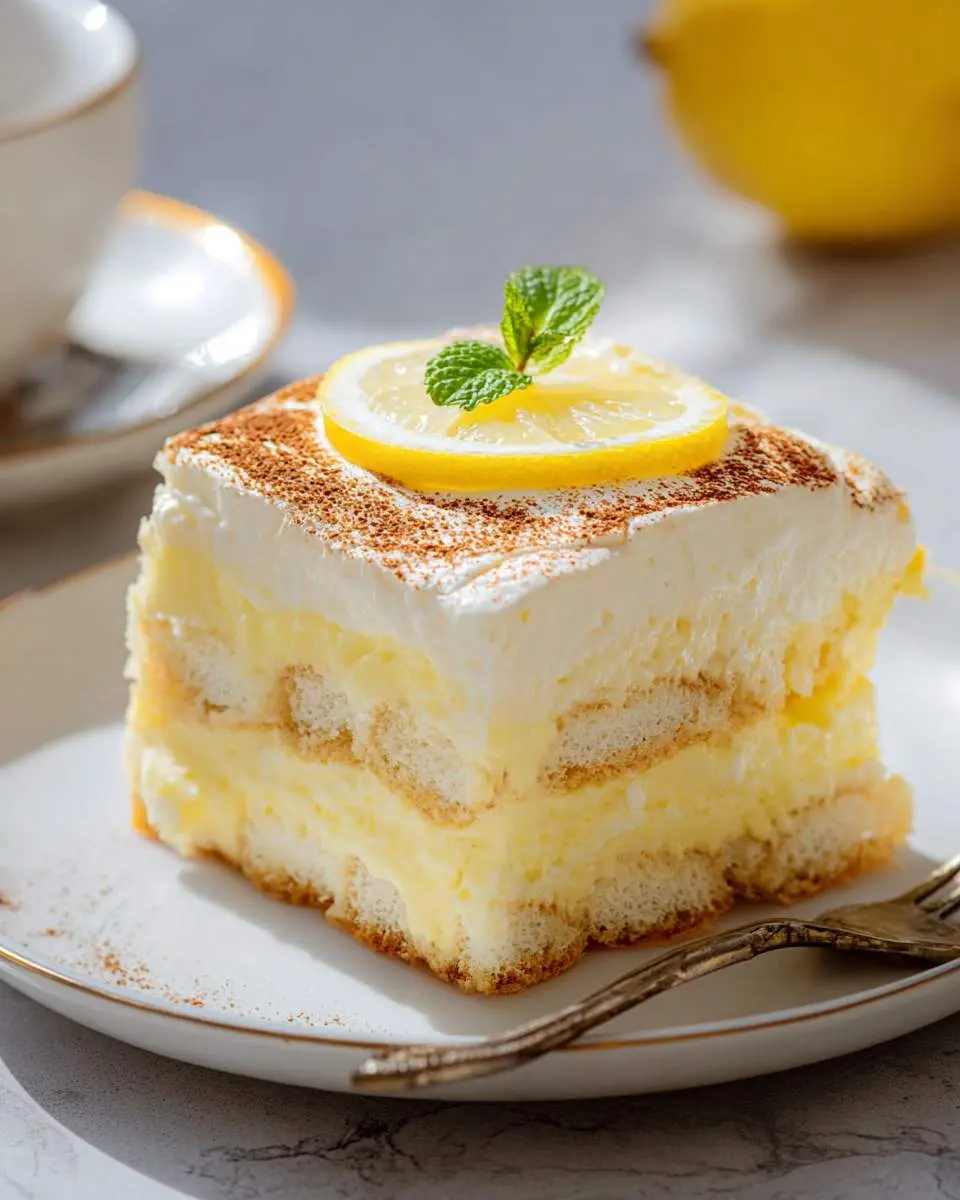 layered lemon tiramisu in a glass dish with fresh lemon slices