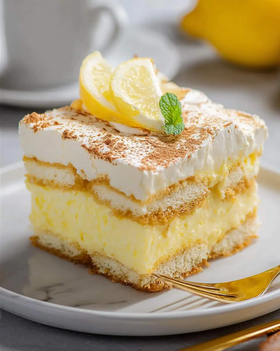 A slice of Lemon Tiramisu topped with whipped cream, lemon slices, and a mint leaf on a white plate.