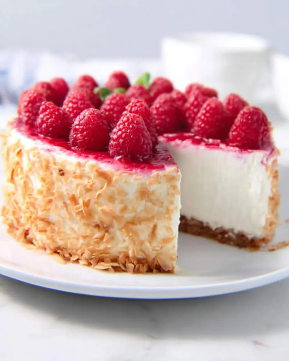 A sliced Low Carb Raspberry Cheesecake topped with fresh raspberries and coated in toasted coconut flakes on a white plate.