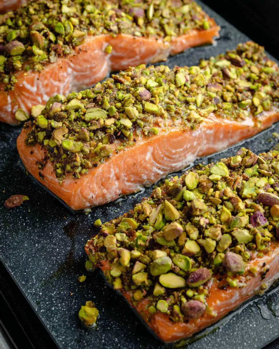 Three raw salmon fillets topped with crushed pistachios on a black baking sheet, ready to be made into Maple Pistachio Salmon.