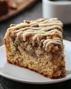A slice of Maple Walnut Coffee Cake with white icing drizzle sits on a white plate, showcasing its moist texture and walnut topping.