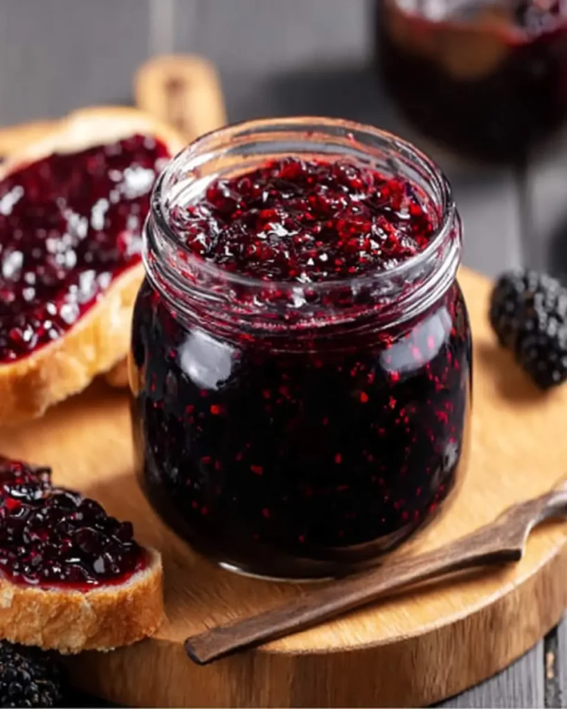 A glass jar of homemade mulberry jam sits on a wooden board with fresh bread slices spread with the dark purple preserve.