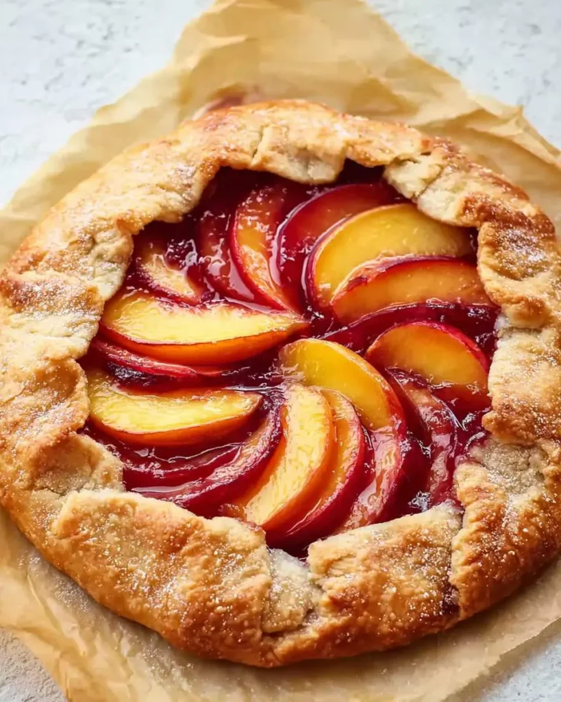 A rustic nectarine galette with golden folded crust and glossy sliced fruit on parchment paper.