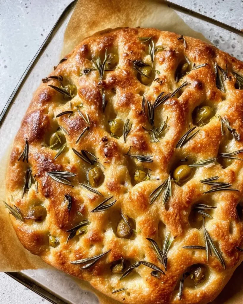 Golden-brown Olive Rosemary Focaccia topped with fresh rosemary sprigs and green olives on parchment paper.