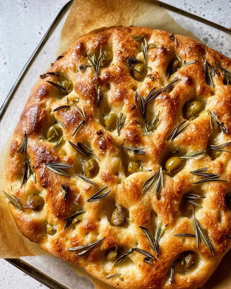 Golden-brown Olive Rosemary Focaccia topped with fresh rosemary sprigs and green olives on parchment paper.