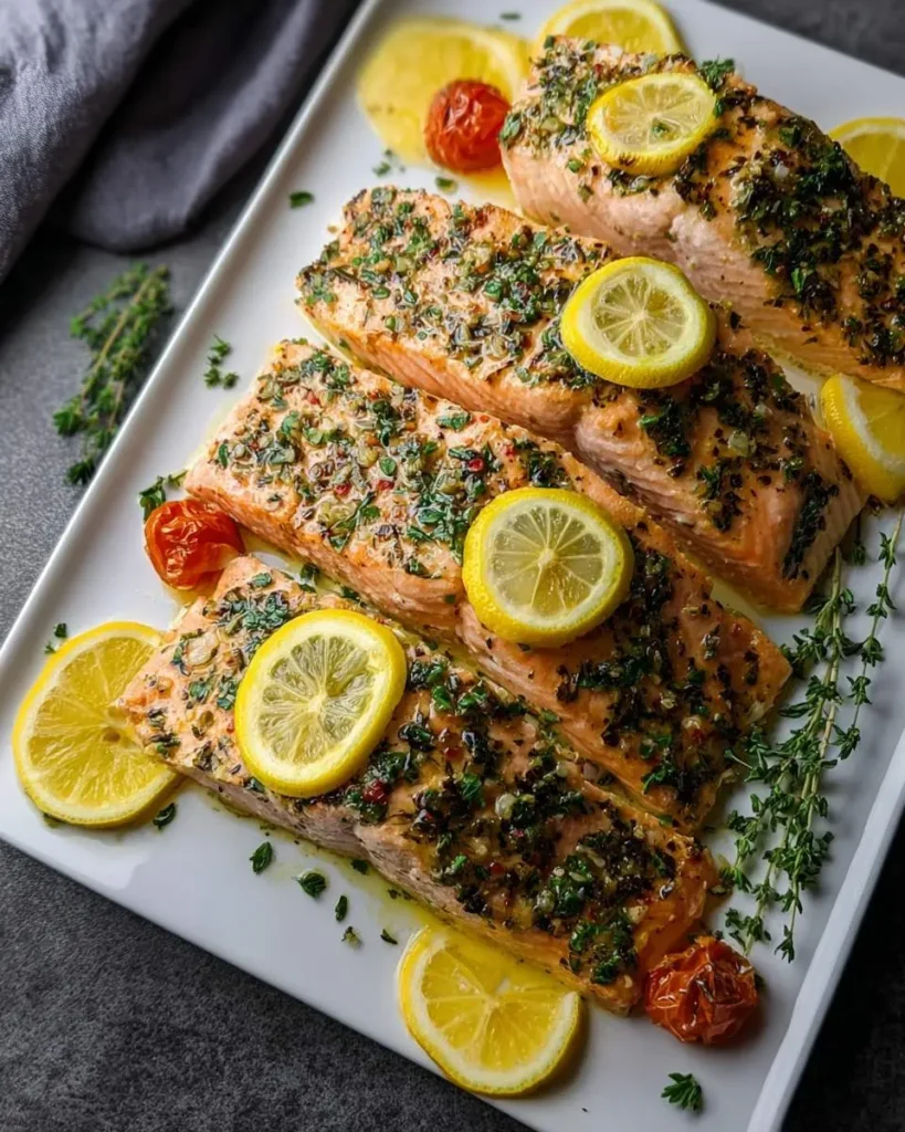 Four pieces of One Pan Lemon Herb Salmon arranged on a white platter with lemon slices and roasted tomatoes.